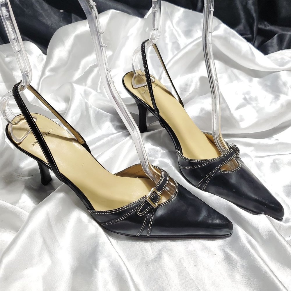 AK ANNE KLEIN black cut-out sling back pointy toe high heels  contrast stitching